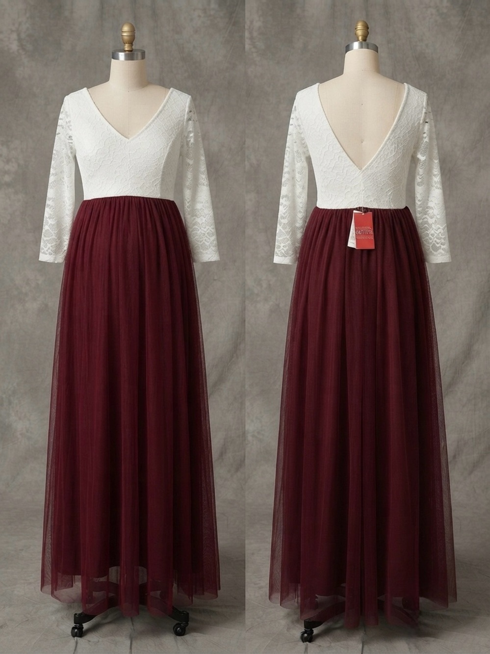 NWT 2BUNNIES Evathan Peony Lace Tulle Maxi Dress Burgundy Size XS